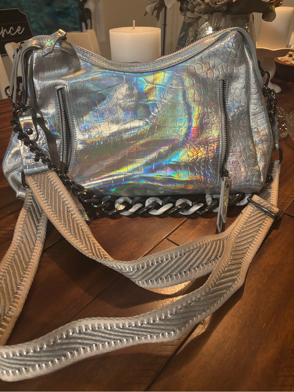 Sharif Iridescent Silver Crossbody with Chain Accent